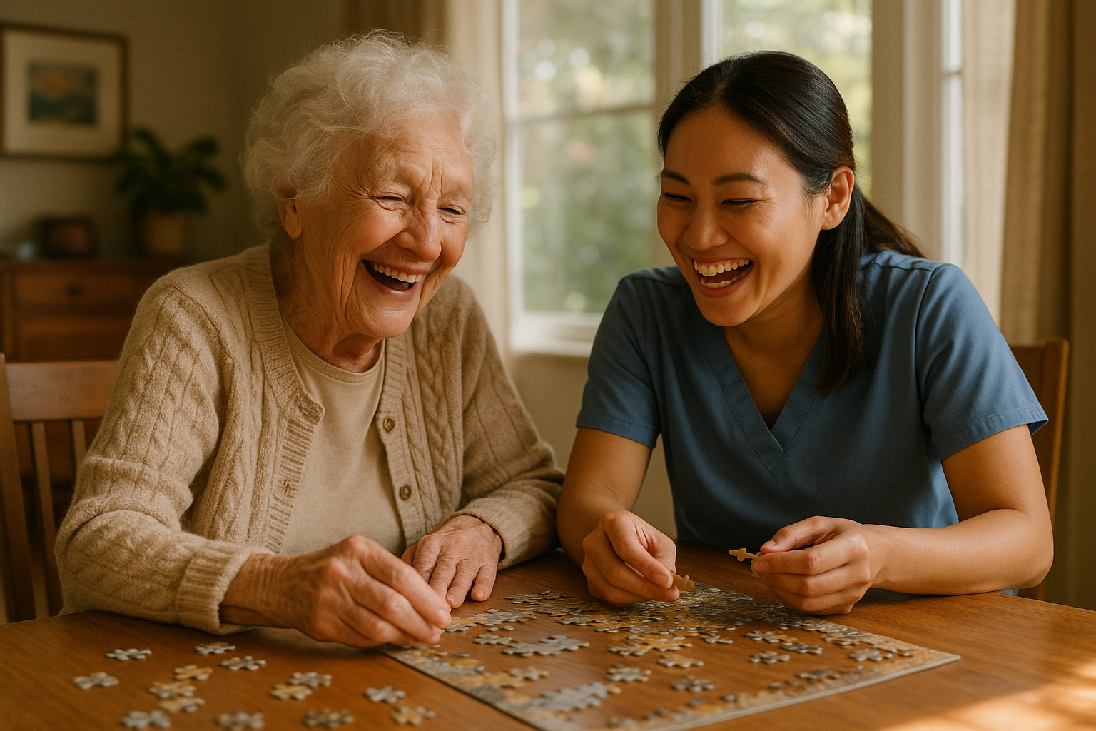 Senior and caregiver doing an activity together