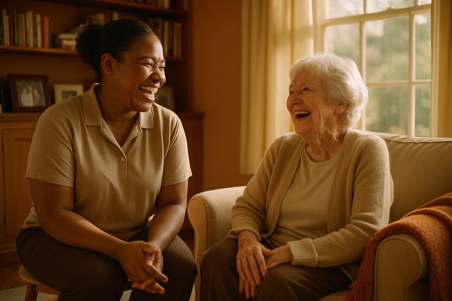Caregiver and senior sharing a warm moment at home